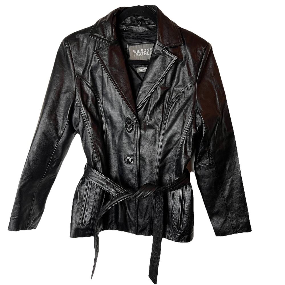 Y2k Wilsons Leather Cropped Moto Jacket Woman Sm Black Belted Button Vtg 90s